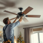 A photograph of a skilled lighting contractor expertly installing a stylish custom ceiling fan in a beautifully designed room