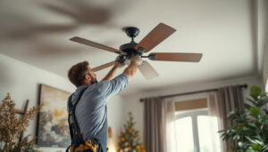 A photograph of a skilled lighting contractor expertly installing a stylish custom ceiling fan in a beautifully designed room