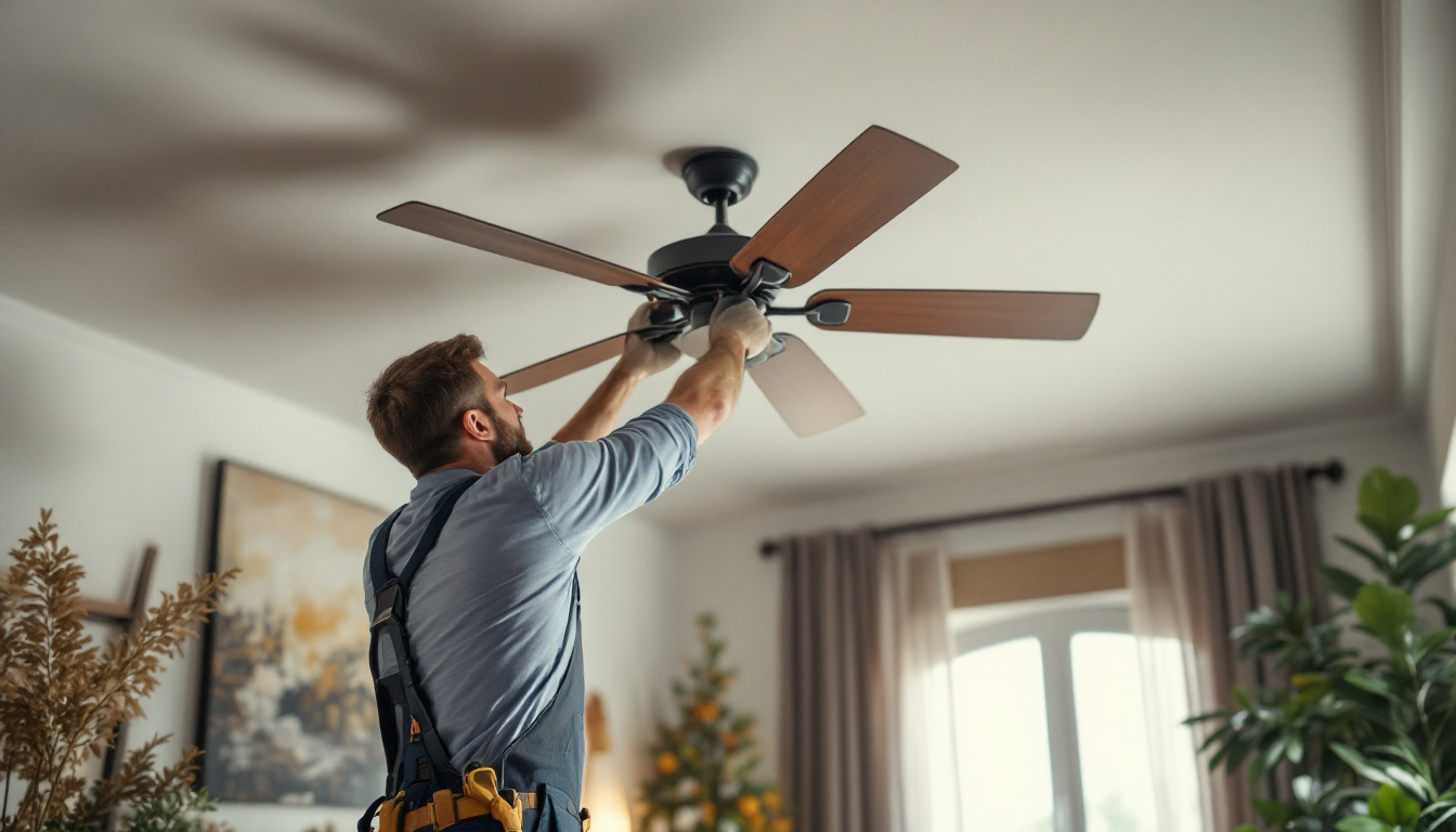 A photograph of a skilled lighting contractor expertly installing a stylish custom ceiling fan in a beautifully designed room
