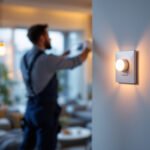 A photograph of a lighting contractor installing a smart home switch in a modern