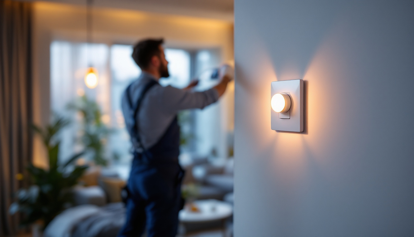 A photograph of a lighting contractor installing a smart home switch in a modern