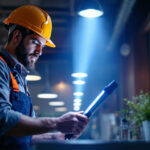 A photograph of a lighting contractor using an ultraviolet sanitiser device in a commercial setting