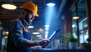 A photograph of a lighting contractor using an ultraviolet sanitiser device in a commercial setting