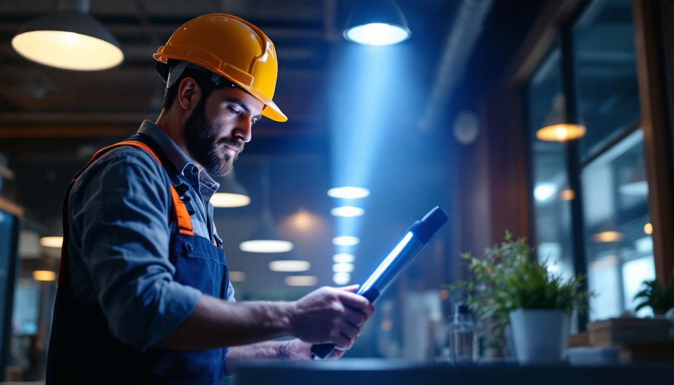 A photograph of a lighting contractor using an ultraviolet sanitiser device in a commercial setting