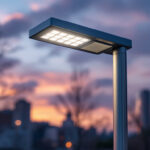 A photograph of a sleek aluminum light post installed in an urban setting