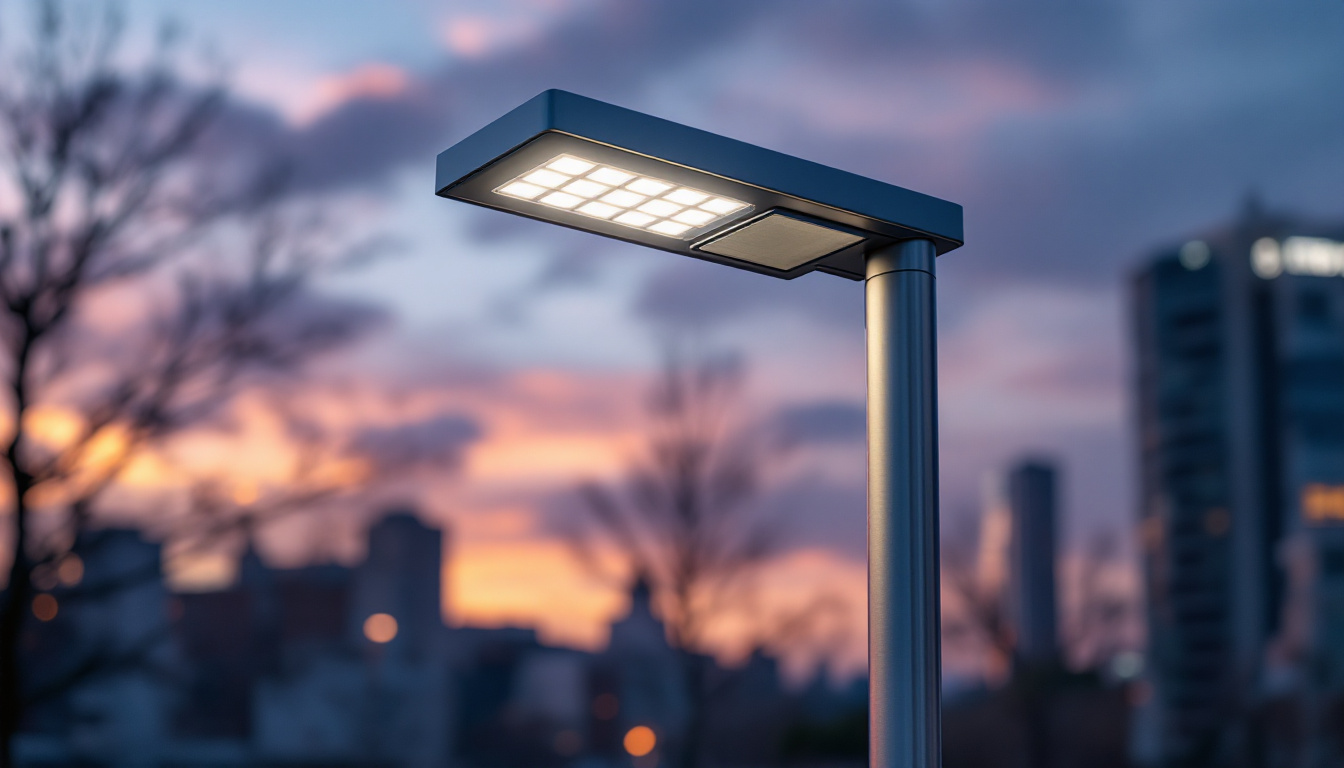 A photograph of a sleek aluminum light post installed in an urban setting