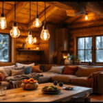 A photograph of a beautifully designed cabin interior featuring stylish light fixtures
