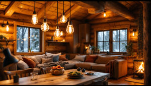 A photograph of a beautifully designed cabin interior featuring stylish light fixtures