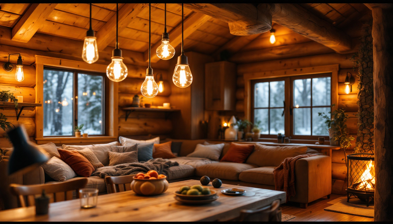 A photograph of a beautifully designed cabin interior featuring stylish light fixtures