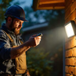 A photograph of a lighting contractor expertly installing a sensor flood light in a residential outdoor setting during dusk