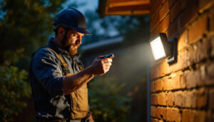 A photograph of a lighting contractor expertly installing a sensor flood light in a residential outdoor setting during dusk