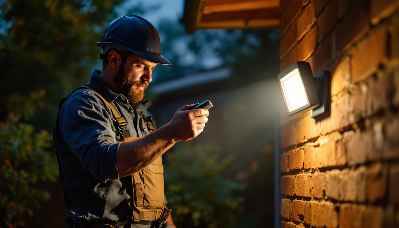 A photograph of a lighting contractor expertly installing a sensor flood light in a residential outdoor setting during dusk