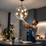 A photograph of a skilled lighting contractor installing an elegant yet affordable light fixture in a modern home setting