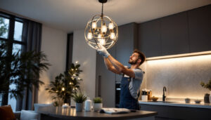A photograph of a skilled lighting contractor installing an elegant yet affordable light fixture in a modern home setting