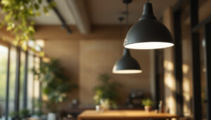 A photograph of a well-lit indoor or outdoor space showcasing various lighting fixtures that are automatically adjusting based on natural daylight