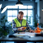 A photograph of a lighting contractor analyzing a well-lit workspace