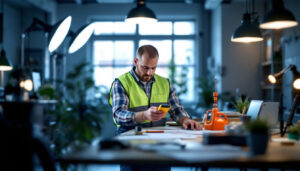 A photograph of a lighting contractor analyzing a well-lit workspace