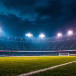 A photograph of a dynamic sports lighting installation in action during a nighttime game