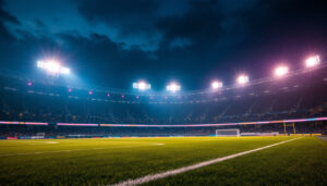 A photograph of a dynamic sports lighting installation in action during a nighttime game