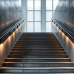 A photograph of a well-lit stairwell featuring modern