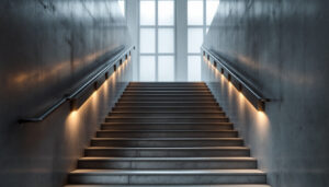 A photograph of a well-lit stairwell featuring modern