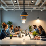 A photograph of a well-lit modern office space