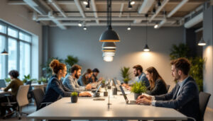 A photograph of a well-lit modern office space
