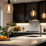 A photograph of a stylish modern kitchen featuring elegant pendant light fixtures that highlight the space's functionality and aesthetic appeal