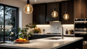 A photograph of a stylish modern kitchen featuring elegant pendant light fixtures that highlight the space's functionality and aesthetic appeal