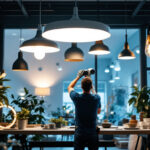 A photograph of a well-lit indoor space showcasing a variety of modern lighting fixtures in use