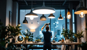 A photograph of a well-lit indoor space showcasing a variety of modern lighting fixtures in use