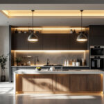 A photograph of a modern kitchen featuring stylish flush ceiling lights that highlight the space’s design