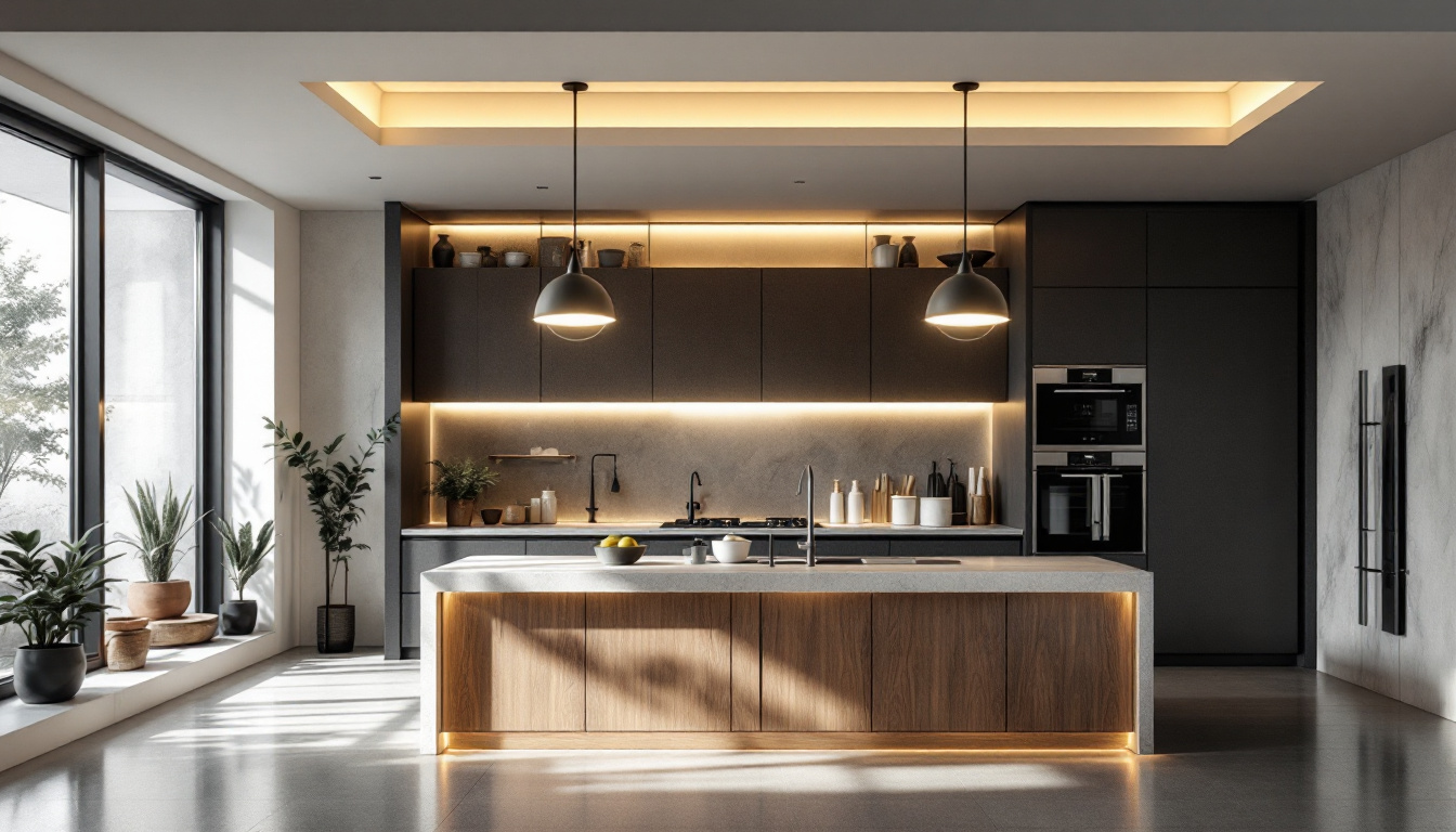 A photograph of a modern kitchen featuring stylish flush ceiling lights that highlight the space’s design