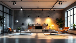 A photograph of a well-lit interior space that showcases a variety of lighting fixtures
