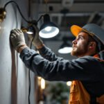 A photograph of a lighting contractor skillfully installing led type s fixtures in a modern space