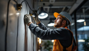 A photograph of a lighting contractor skillfully installing led type s fixtures in a modern space
