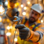 A photograph of a lighting contractor skillfully using wire pullers in a dynamic work environment