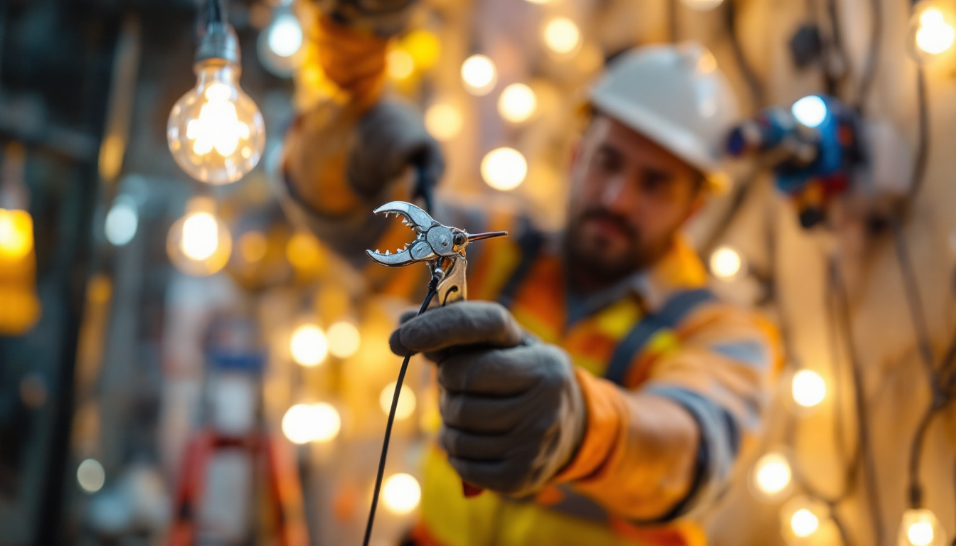 A photograph of a lighting contractor skillfully using wire pullers in a dynamic work environment