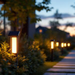 A photograph of a modern solar panel lighting installation in an outdoor setting