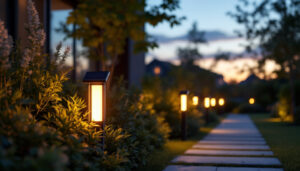A photograph of a modern solar panel lighting installation in an outdoor setting