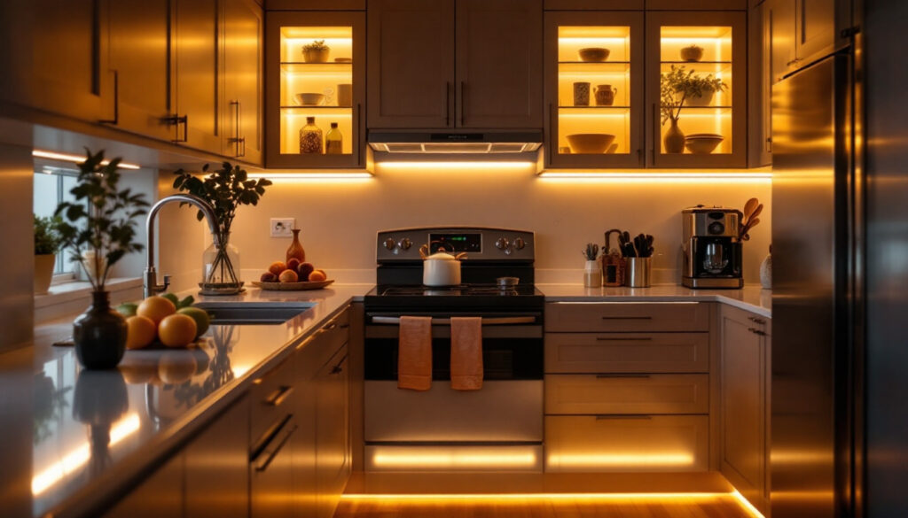 A photograph of a beautifully illuminated kitchen with led strip lighting installed under the cabinets