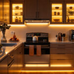 A photograph of a beautifully illuminated kitchen with led strip lighting installed under the cabinets