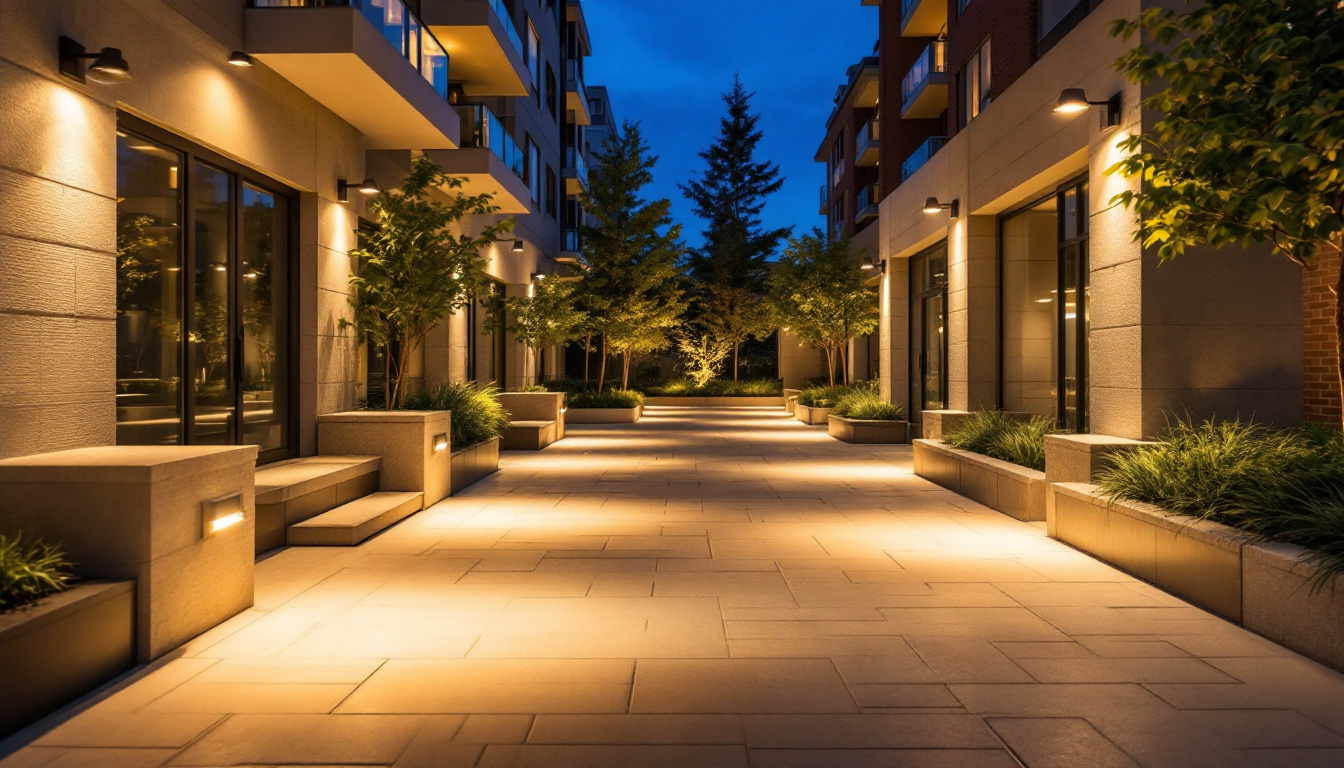 A photograph of a beautifully illuminated outdoor space featuring strategically placed lighting fixtures that enhance safety