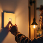 A photograph of a skilled lighting contractor installing or adjusting a stylish wall light switch in a modern home setting