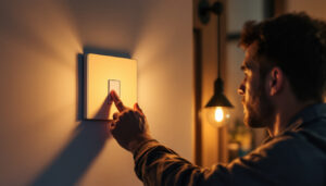 A photograph of a skilled lighting contractor installing or adjusting a stylish wall light switch in a modern home setting