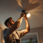 A photograph of a skilled lighting contractor expertly installing a stylish ceiling-mounted light fixture in a modern home setting