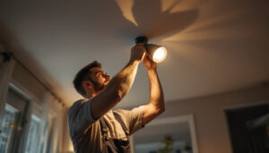 A photograph of a skilled lighting contractor expertly installing a stylish ceiling-mounted light fixture in a modern home setting