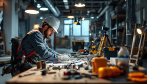 A photograph of a lighting contractor on a job site