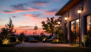 A photograph of a beautifully illuminated outdoor space at dusk
