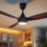 A photograph of a stylish ceiling fan with an integrated speed control switch